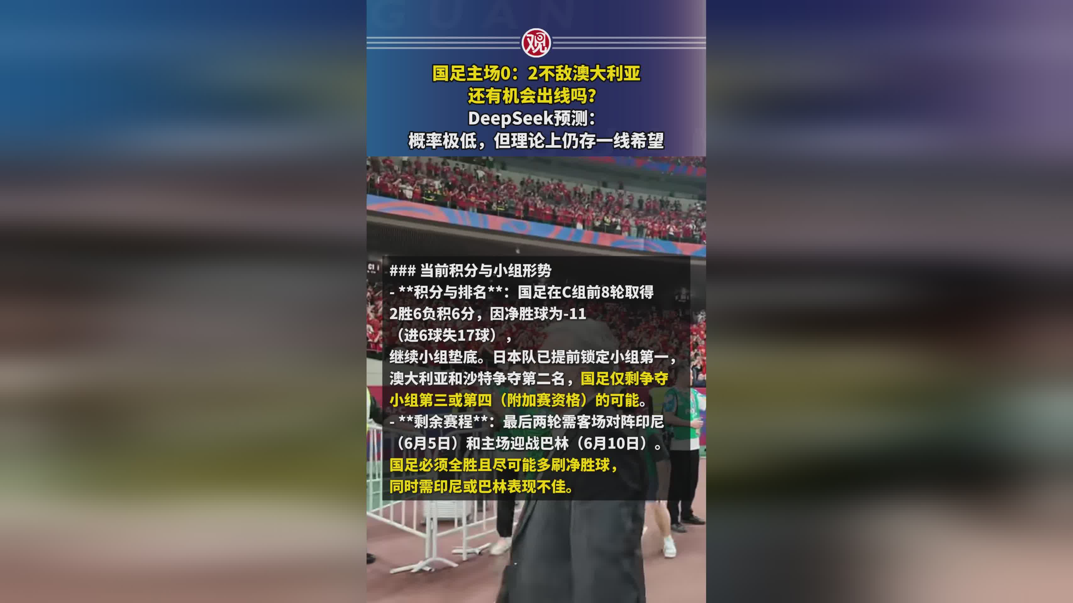 澳大利亚豪取胜利，晋级出线希望犹存